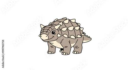 Cute cartoon ankylosaurus dinosaur with armored plates and a club tail standing against a solid white background.