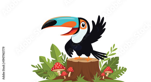 Vibrant toucan bird with a large colorful beak perched on a tree stump surrounded by green leaves and mushrooms.