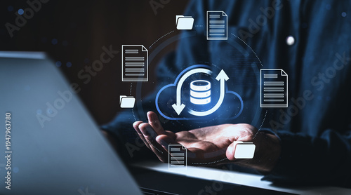 Photos Cloud data backup and file synchronization interface above hands in futuristic digital technology modern innovation style