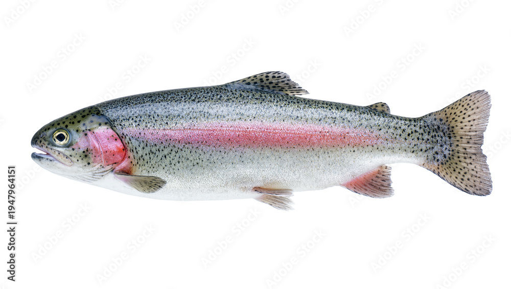 Obraz premium Isolated fresh vivid rainbow trout fish showing its distinctive pink stripe and speckled scales
