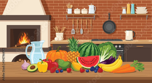 Rustic kitchen scene featuring a wooden table overflowing with fresh fruits, vegetables, and a pitcher of water.