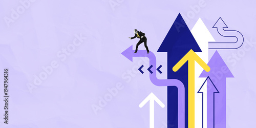 фотографія Business figure choosing among multiple rising arrows on a light