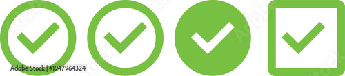 Green check mark icon set approval tick symbol verification checklist confirm success badge UI button vector illustration collection
