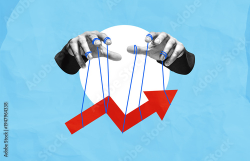Canvastavla Hands controlling red arrow with strings in surreal collage concept symbolizing manipulation of economic growth and market direction