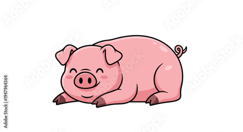 Cute pink piglet lies down comfortably with a happy smile and closed eyes in a simple cartoon style perfect for children illustrations.
