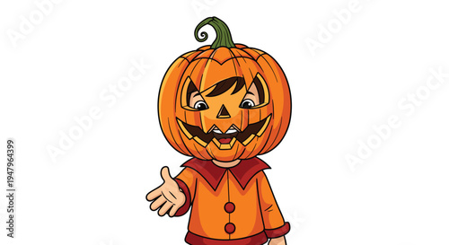 Young child dressed in a festive pumpkin costume with a large jack o lantern headpiece waves happily for a fun Halloween celebration.
