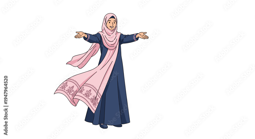 Fototapeta premium Muslim woman wearing a navy blue dress and a flowing pink hijab stands with her arms outstretched in a welcoming and joyful gesture.