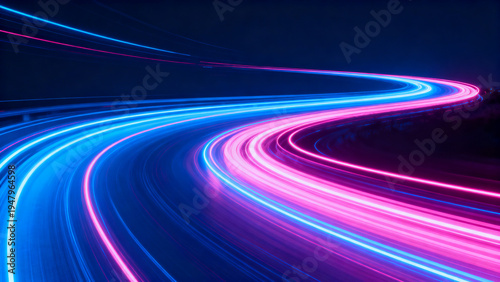 Abstract futuristic background featuring neon light trails, dynamic curved lines, and vibrant blue and pink colors. Glowing motion streaks create energy, speed, technology, and flowing data visual eff