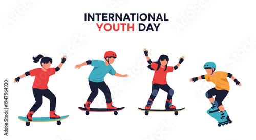 Graphic for International Youth Day features four diverse teenagers happily riding skateboards and rollerblades in active poses.