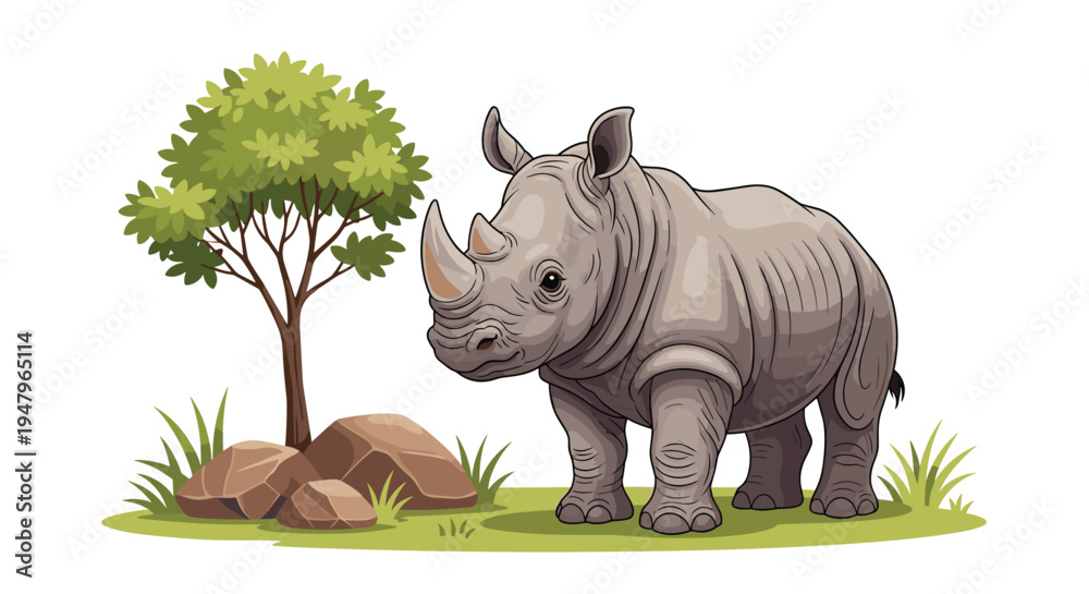 Fototapeta premium Majestic rhinoceros stands in a grassy savanna landscape next to a small tree and rocks under a clear white background.