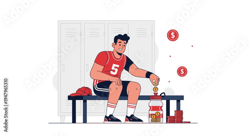 Basketball player saving money in locker room, sports finance concept