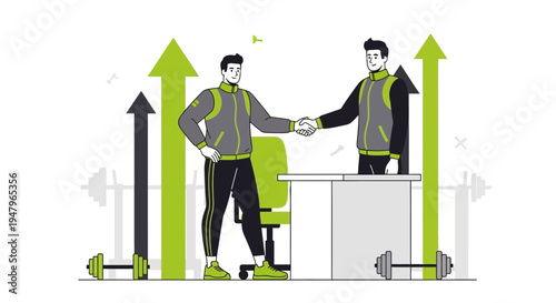 Business partners shaking hands, growth arrows, dumbbells, office desk, success concept