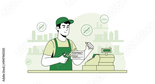 Cashier cutting contract with scissors at checkout counter in grocery store