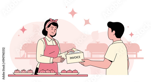 Catering Service: Woman gives invoice to customer at food buffet