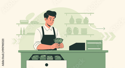 Cashier counting money at checkout counter in store, retail business concept