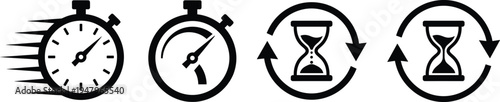 Stopwatch and hourglass timer icon set time management speed deadline countdown refresh cycle outline vector illustration collection