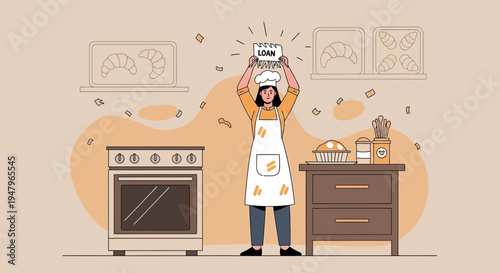 Chef holding a calendar with 'loan' written, symbolizing financial stress in the kitchen.