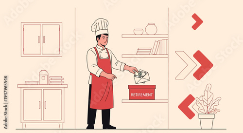 Chef retiring and saving money for retirement in a kitchen