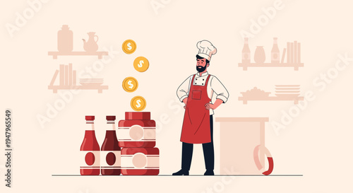 Chef with jars of food and falling coins, representing profit and business growth in culinary industry