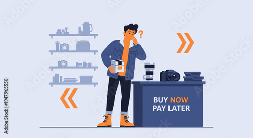Confused man choosing to buy camera with buy now pay later option