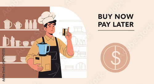 Chef with Blender and Credit Card, Buy Now Pay Later Concept in Kitchen