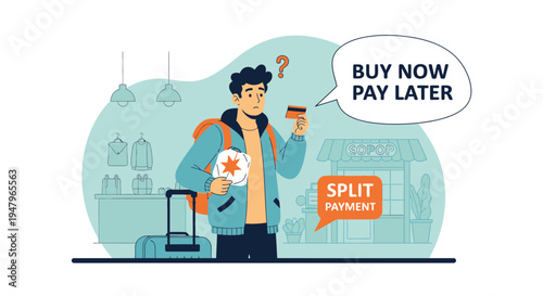 Confused man with credit card and luggage, considering buy now pay later payment options