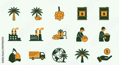 Palm Oil Industry Icons - Cultivation, Production, and Global Trade.