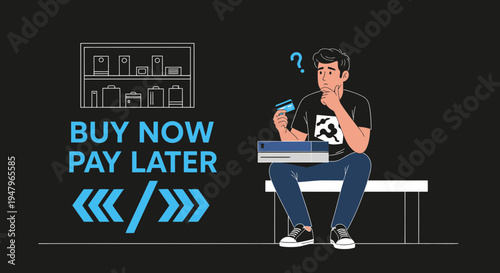 Confused Man with Credit Card and Shopping Box, Buy Now Pay Later Concept