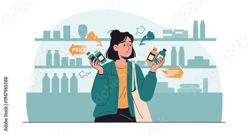 Confused shopper comparing prices of products on store shelves, making a choice