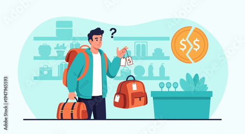 Confused traveler choosing luggage with price tags and broken money symbol