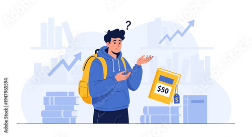 Confused Student with Expensive Textbook, Rising Education Costs Concept