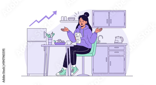 Confused Woman Sitting at Kitchen Table with Rising Graph Overhead