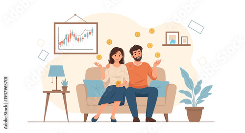 Couple Juggling Coins on Sofa with Stock Chart Background, Financial Success Concept