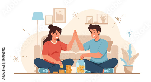 Couple High Fiving While Saving Money Together in a Jar