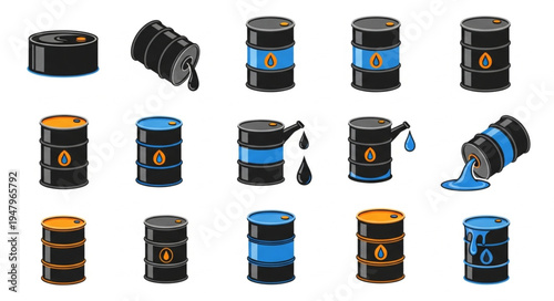 Collection of Oil Barrels in Various Styles and Positions.