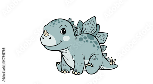 Adorable baby stegosaurus dinosaur with small spikes and spots sitting happily on an isolated plain white background.