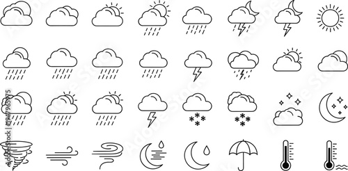 Vector collection of minimalist weather forecast line icons featuring sun clouds rain snow lightning moon and thermometer symbols for climate reporting isolated on white background