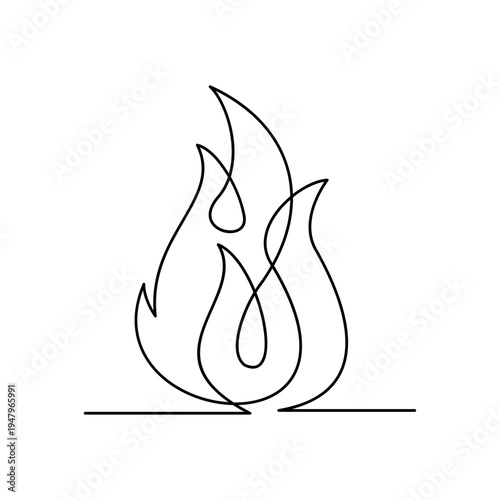 Continuous Line Drawing of Fire Flame Icon. Simple One Line Art Minimalist Bonfire Vector Illustration on White Background.
