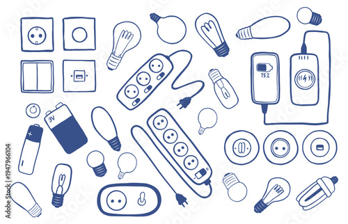 Set of Electrical appliances for home network. Sockets, switches, light bulbs, extension cord, plug, cable, charger,  LED bulb, battery, surge protector. Spare parts for work of an electrician. 
