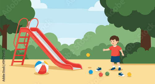 Young boy playing with various colorful balls near a red slide in a sunny outdoor playground park on a summer day.