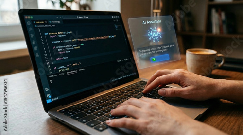 Obraz na płótnie Programmer using artificial intelligence tool for software development and code optimization on laptop