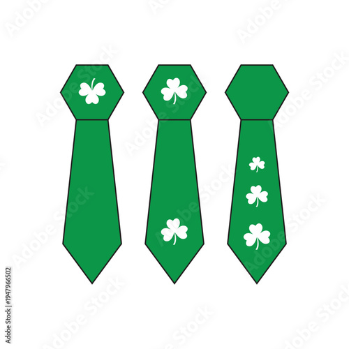 Set of green tie with Shamrock flat vector illustration.
