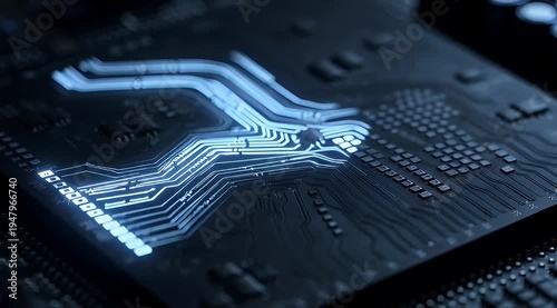 Illuminated electronic circuit board showcasing intricate pathways and advanced technology