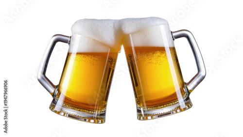 Isolated Two clinking beer mugs with frothy foam celebrating a festive occasion