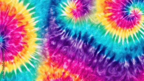 Vibrant psychedelic tie-dye pattern with swirling colors and a retro feel