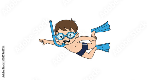 Happy young boy swimming underwater while wearing blue snorkeling gear and flippers against a simple white background for summer fun.