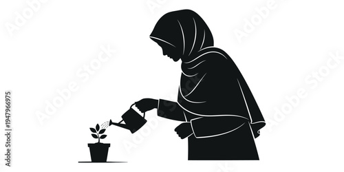 Silhouette of a person gently touching a small plant in a pot
