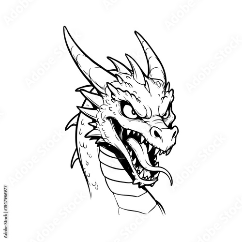 Dibujo sencillo con líneas de la cabeza de un dragón o dinosaurio enojado con la boca abierta enseñando los colmillos 