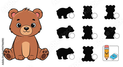 Educational shadow matching game for kids features a cute brown bear cub and several silhouettes to help develop observation skills.