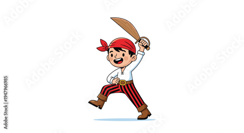 Young boy dressed in a pirate costume holds a wooden sword and wears a red bandana while posing for an adventure on white background.